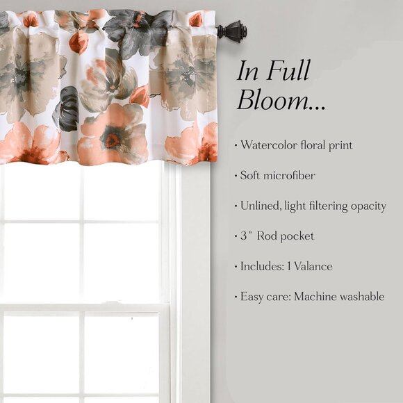Leah Floral Light Filtering Valance, 52" W x 18" L, Coral & Gray - Valances for - Picture 7 of 8